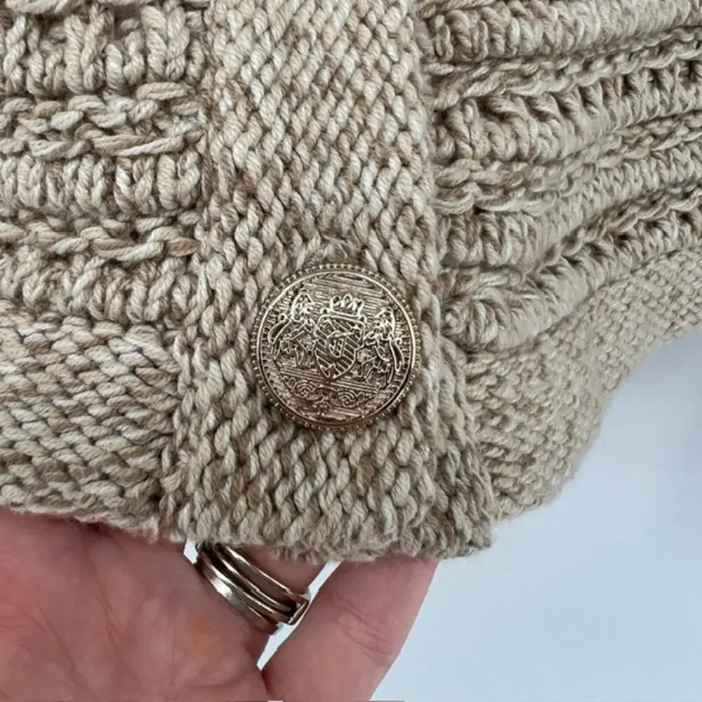 LOFT Chunky Knit Cardigan Sweater Womens L Oatmeal Beige Gold Buttons Cottage